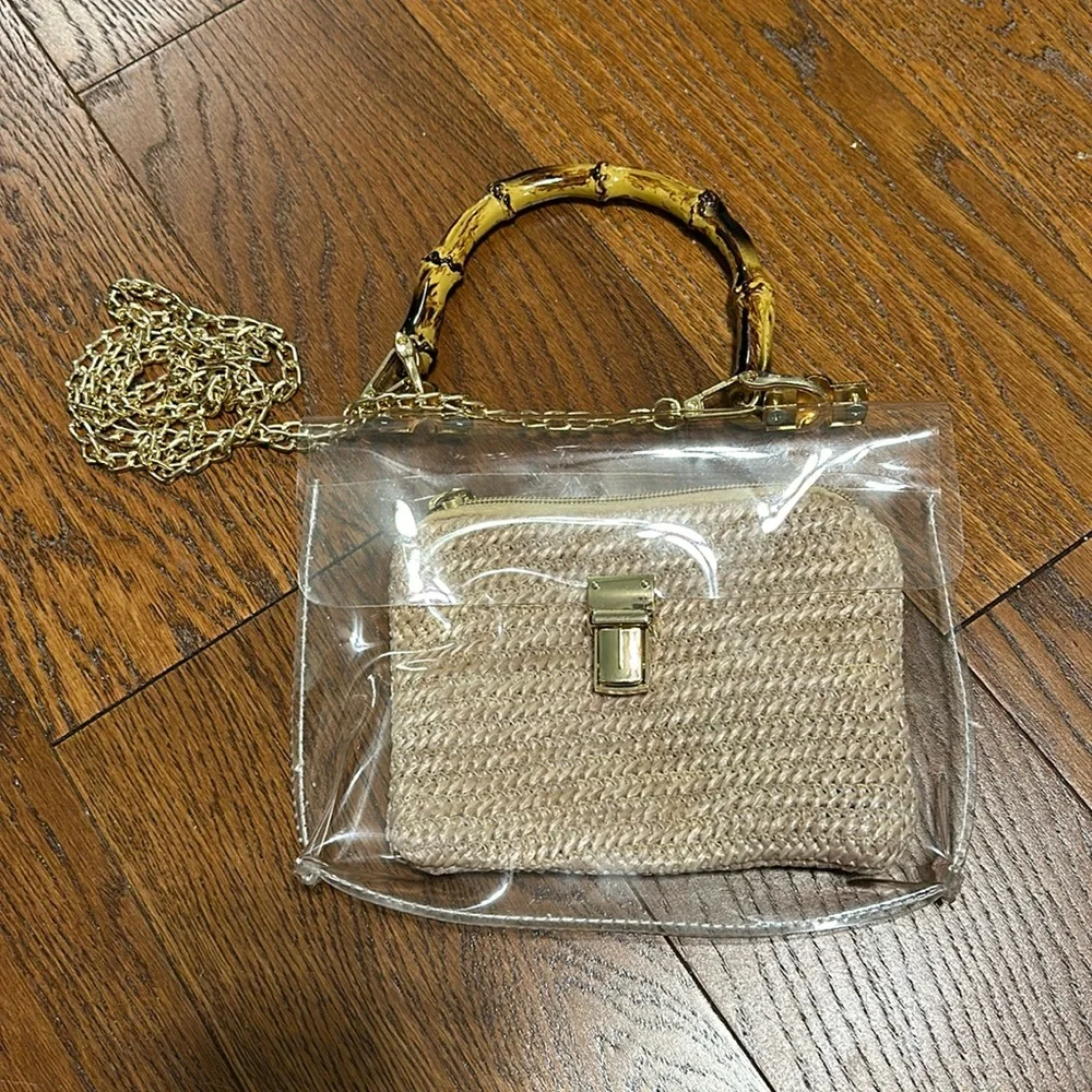 Clear stadium handbag featuring straw pouch, bamboo-look handle and chain strap. - Picture 7 of 9